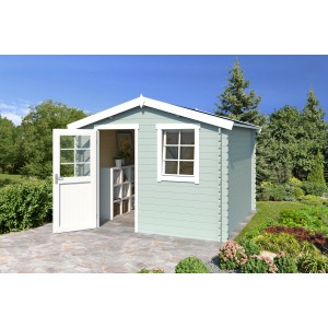 Lasita Holz-Gartenhaus Nina, gletschergrün, mit geöffneter Tür und Fenster. Ideal als Gerätehaus.