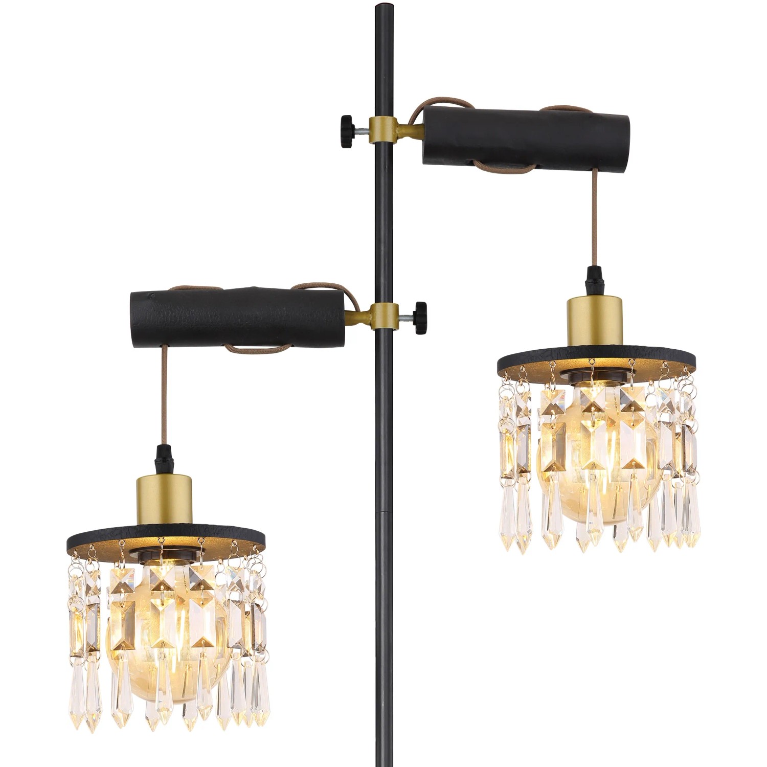 Globo Stehlampe Comma, 2-flammig, schwarz-gold, mit Kristallbehang. Design-Stehleuchte für Wohnräume.