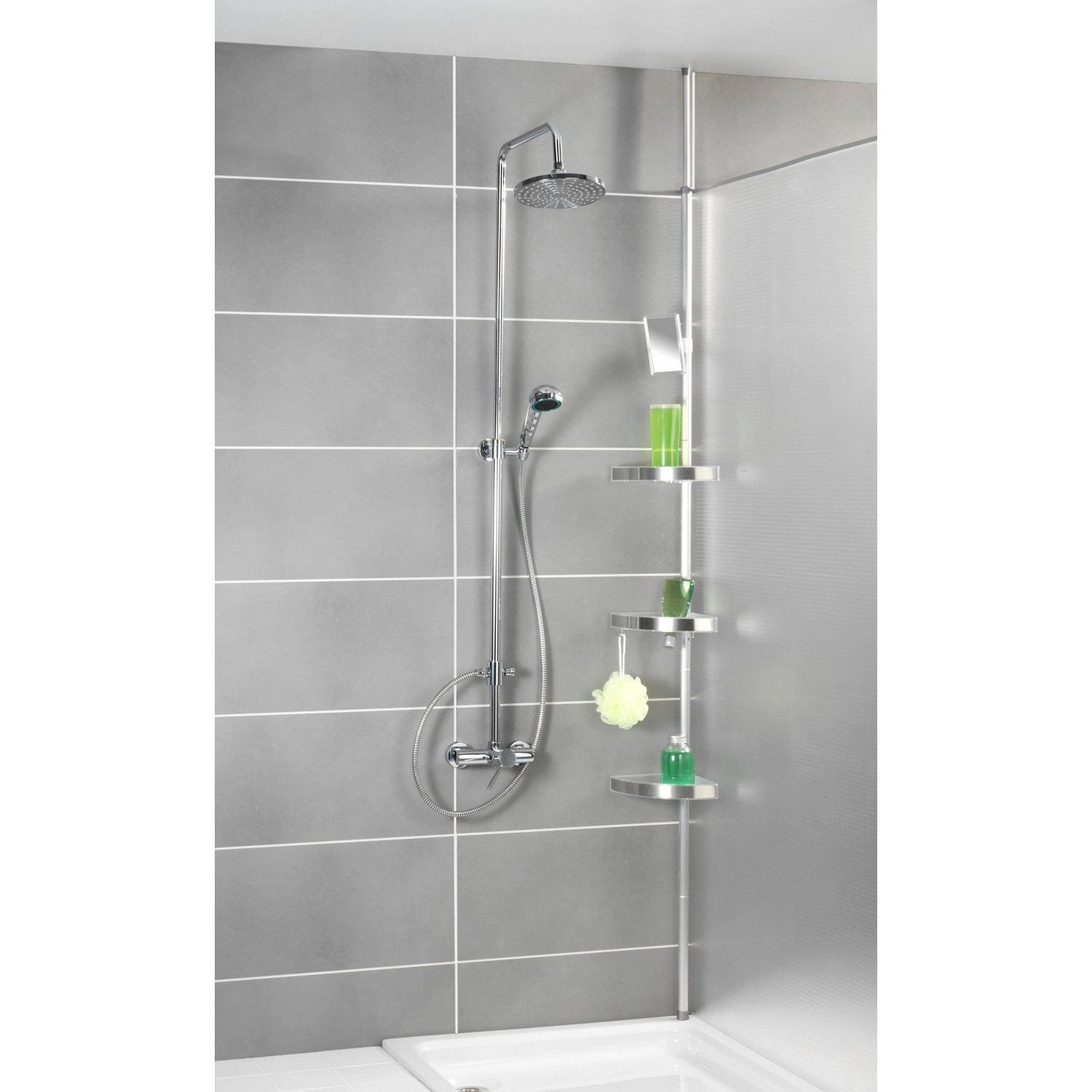 Wenko Teleskop Duschecke Premium mit 3 Ablagen und Spiegel in Dusche.