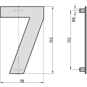 Technische Zeichnung der Hausnummer 7 aus Stahl in Anthrazit mit Maßangaben.