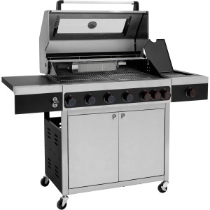 Tepro Gasgrill Keansburg, schwarz-silberner Grillwagen mit Edelstahl-Deckel und Glasfenster.