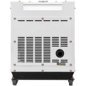 Rückansicht des Hyundai Silent Diesel-Generator DHY8600SE-T DE Stromerzeugers mit Lüftungsschlitzen.