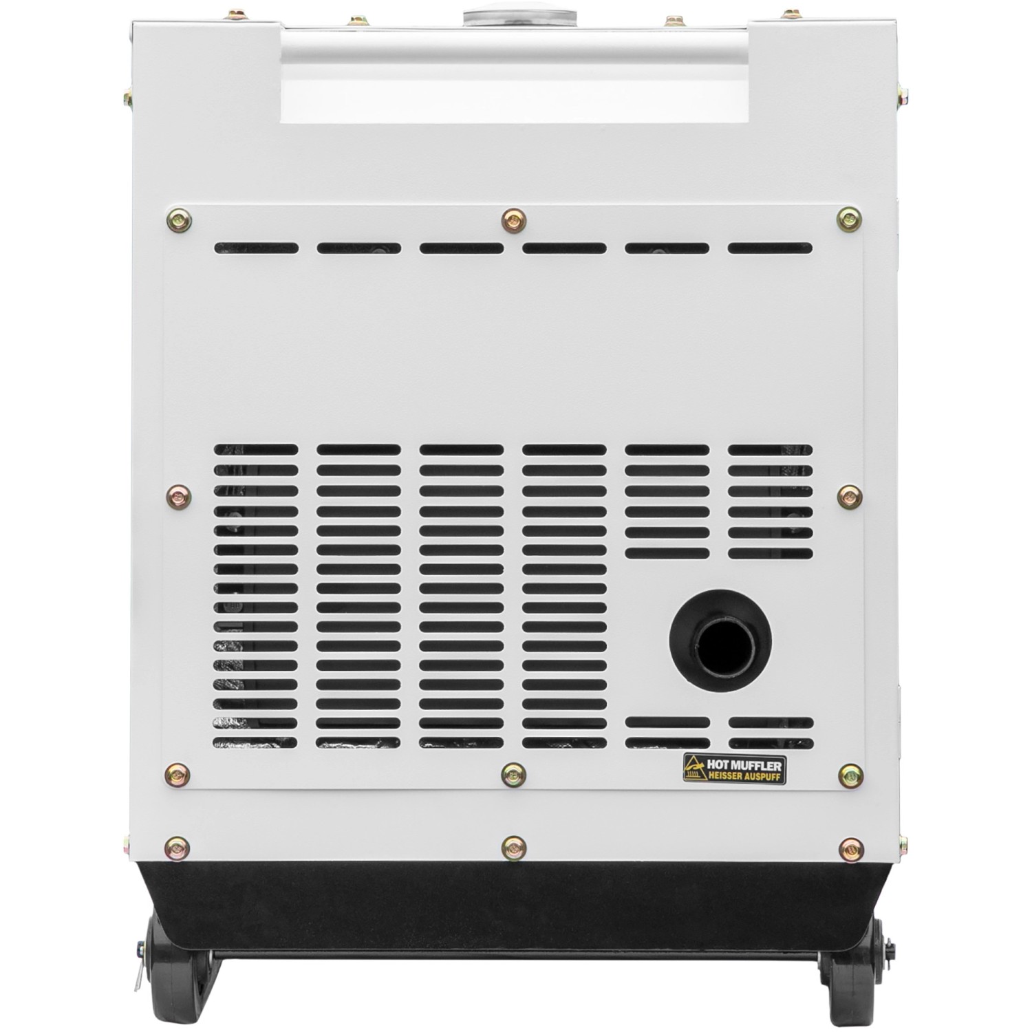 Rückansicht des Hyundai Silent Diesel-Generator DHY8600SE-T DE Stromerzeugers mit Lüftungsschlitzen.