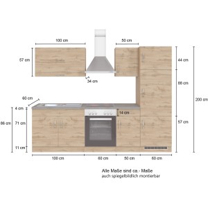 Küchenzeile Sorrento 270 cm in Wotaneiche mit E-Geräten und Maßangaben.
