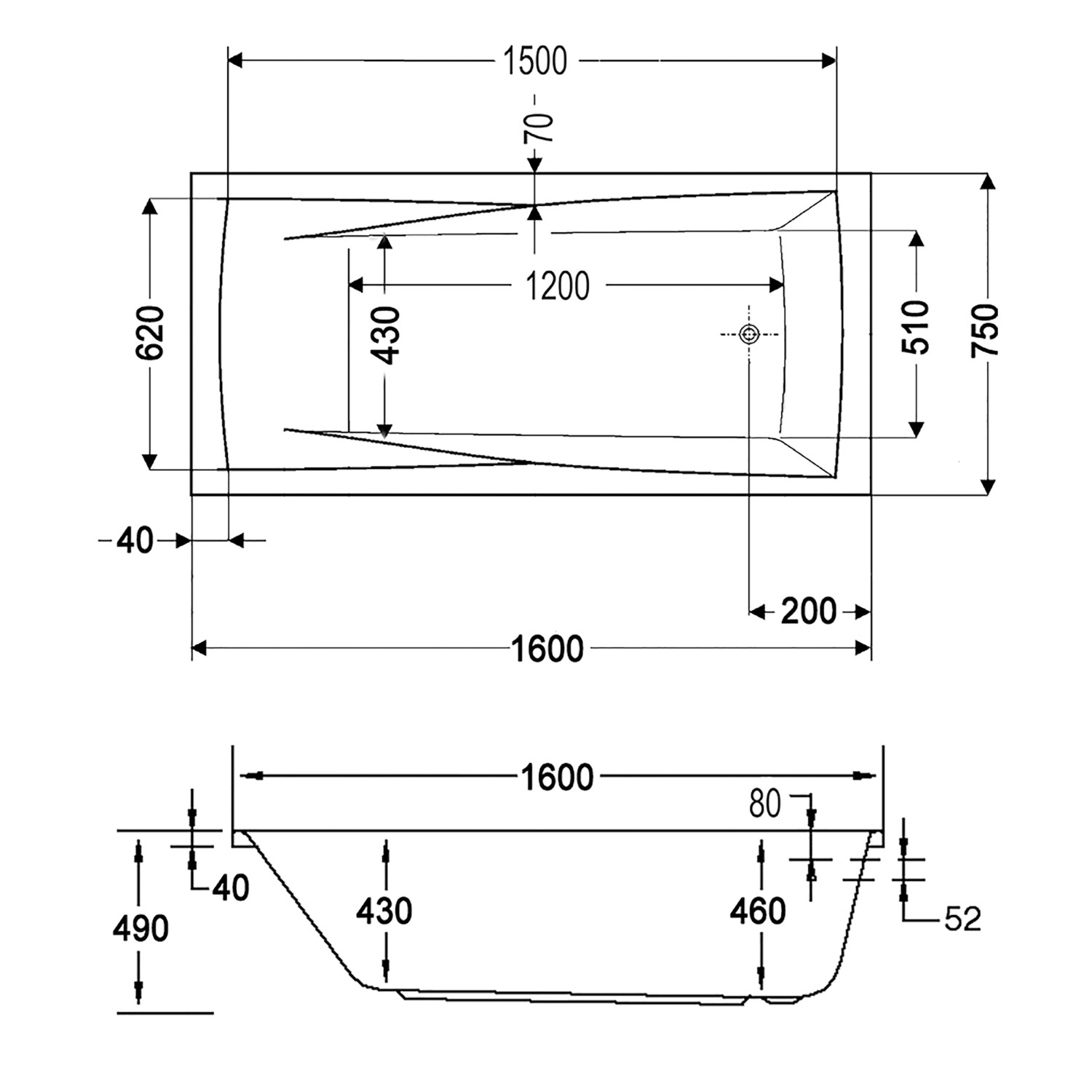 Technische Zeichnung Ottofond Whirlpool Atlanta Premium, Maße: 160x75 cm, Details zu Abmessungen.