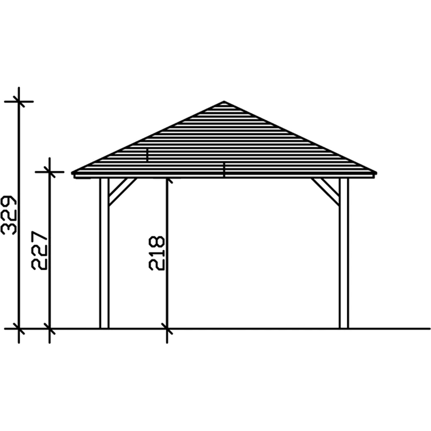 Technische Zeichnung: Skan Holz Carport Taunus, 439x786 cm, Nussbaum. Maße und Details.
