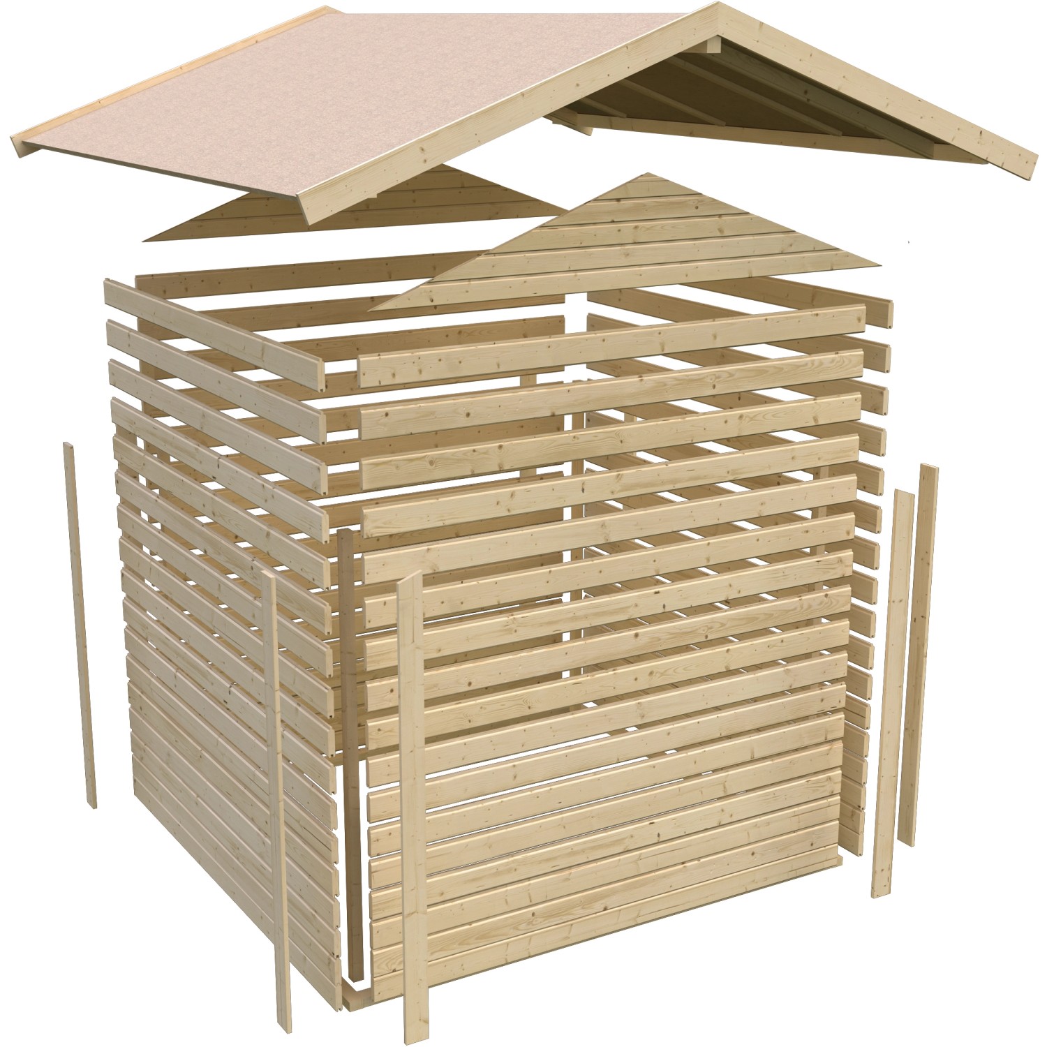 Explosionszeichnung Karibu Holz-Gartenhaus Aesch Satteldach, zeigt die einzelnen Bauteile des Gartenhauses.