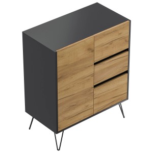Posseik Sideboard Industrial K, 80 cm breit, mit 3 Schubladen und 1 Tür, Grafit/Eiche Optik.