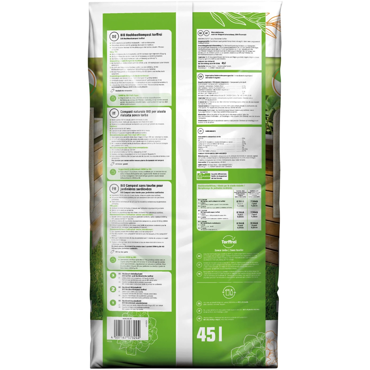 Sack GROW by OBI BIO Hochbeetkompost, torffrei, 45l. Bio-Kompost für Hochbeete.