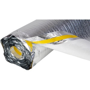 Gerollte Laminatunterlage PE 2 mm Alu 12,5 m² mit selbstklebender Kante für Trittschalldämmung.