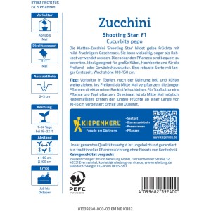 Kiepenkerl Saatgut Zucchini Shooting Star F1: Packung mit Infos zu Aussaat, Ernte und Eigenschaften.