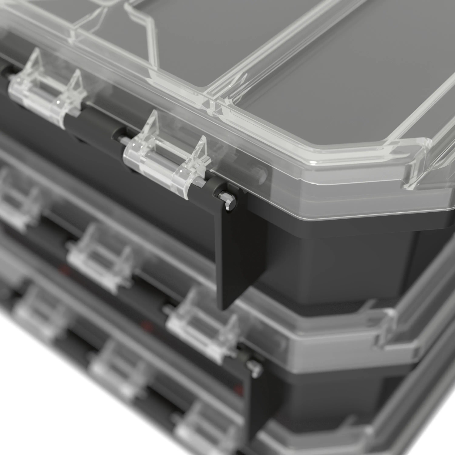 Qbrick Regular Compact Organizer Set 1, schwarze Aufbewahrungsboxen, stapelbar mit transparentem Deckel.