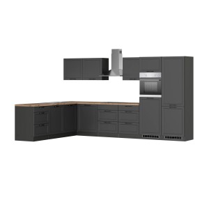 Graue Held Winkelküche Kempten (360 cm) mit E-Geräten und Arbeitsplatte in Holzoptik.