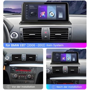 Junsun Android Multimedia Display für BMW E87. Integration von Carplay/Auto, Vorher-Nachher-Ansicht.