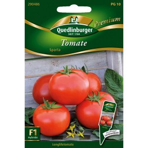 Quedlinburger Stabtomaten Sparta Saatgut: Packung mit roten Tomaten vor hellem Hintergrund.