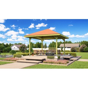 Weka Gartenoase 651 Spar-Set mit roten Dachschindeln, 380x380 cm. Holzpavillon für den Garten.