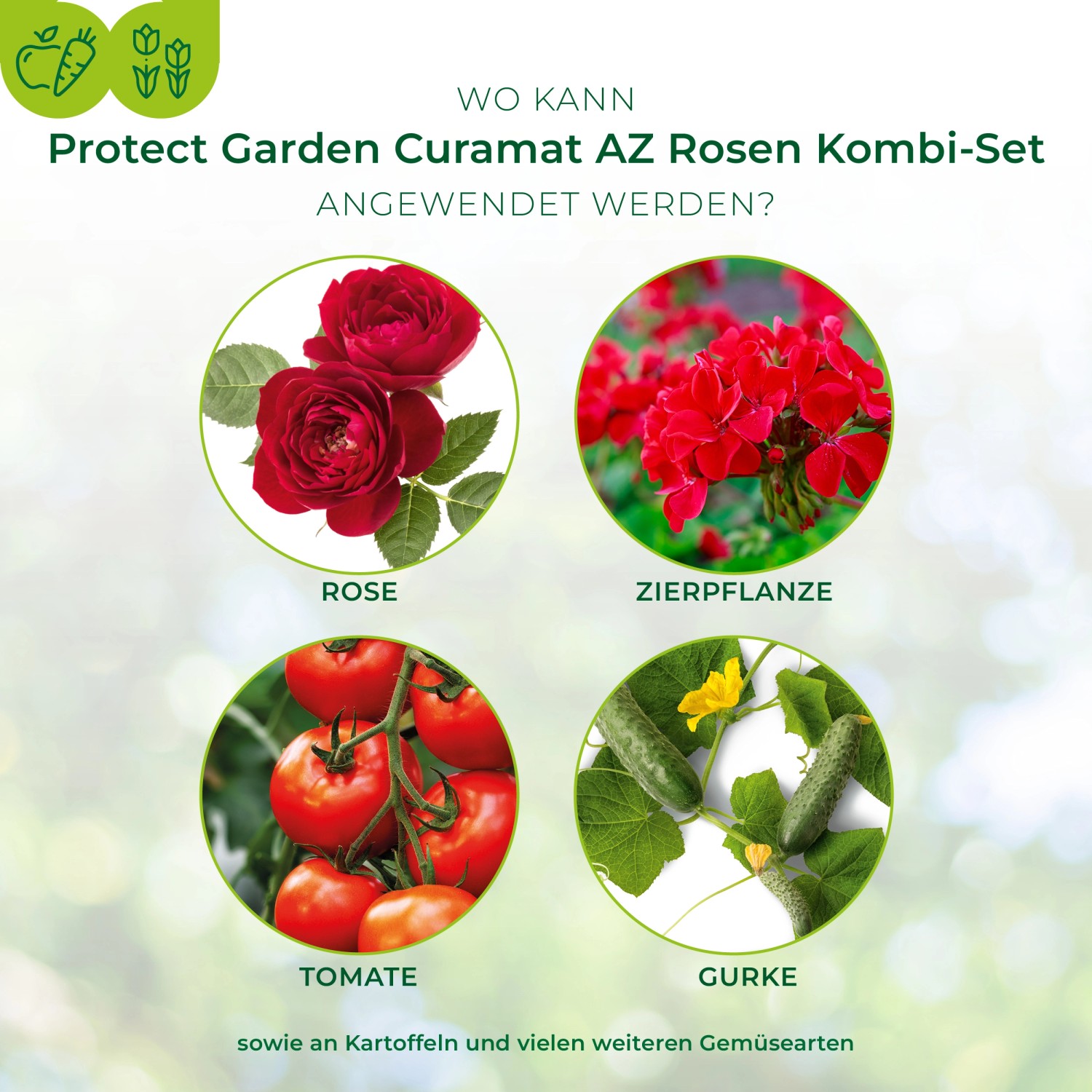 Anwendungsbereiche des Protect Garden Rosen Kombi-Sets: Rose, Zierpflanze, Tomate, Gurke und weitere Gemüsearten.