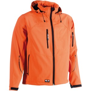 Orangefarbene Herock Softshell-Jacke Poseidon M für Arbeitskleidung mit Kapuze und Taschen.