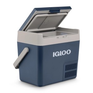Geöffnete Igloo Kompressor-Kühlbox ICF18 in Rauchblau, 19 l, für 12/24V DC und 110-240V AC.