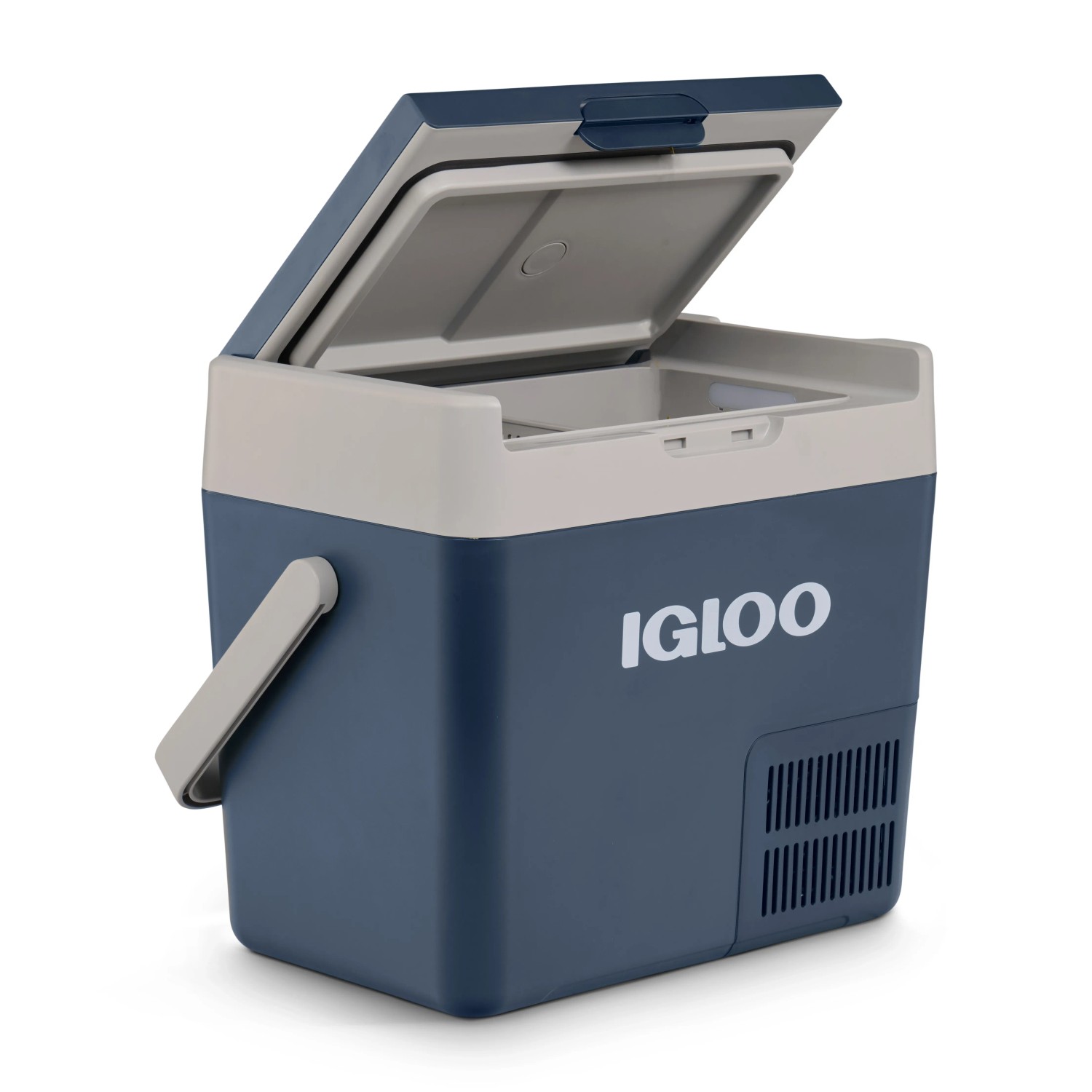 Geöffnete Igloo Kompressor-Kühlbox ICF18 in Rauchblau, 19 l, für 12/24V DC und 110-240V AC.