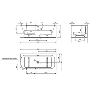 Technische Zeichnung: Ottofond Whirlpool Free-Gate 180x80 cm, Maße und Details für Installation.