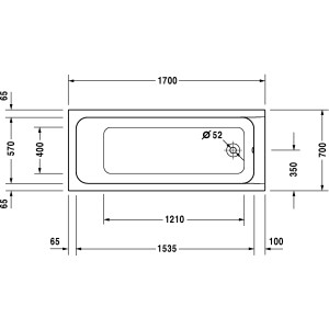 Technische Zeichnung der weißen Duravit D-Code Rechteck-Badewanne, 170x70 cm, mit Maßangaben.