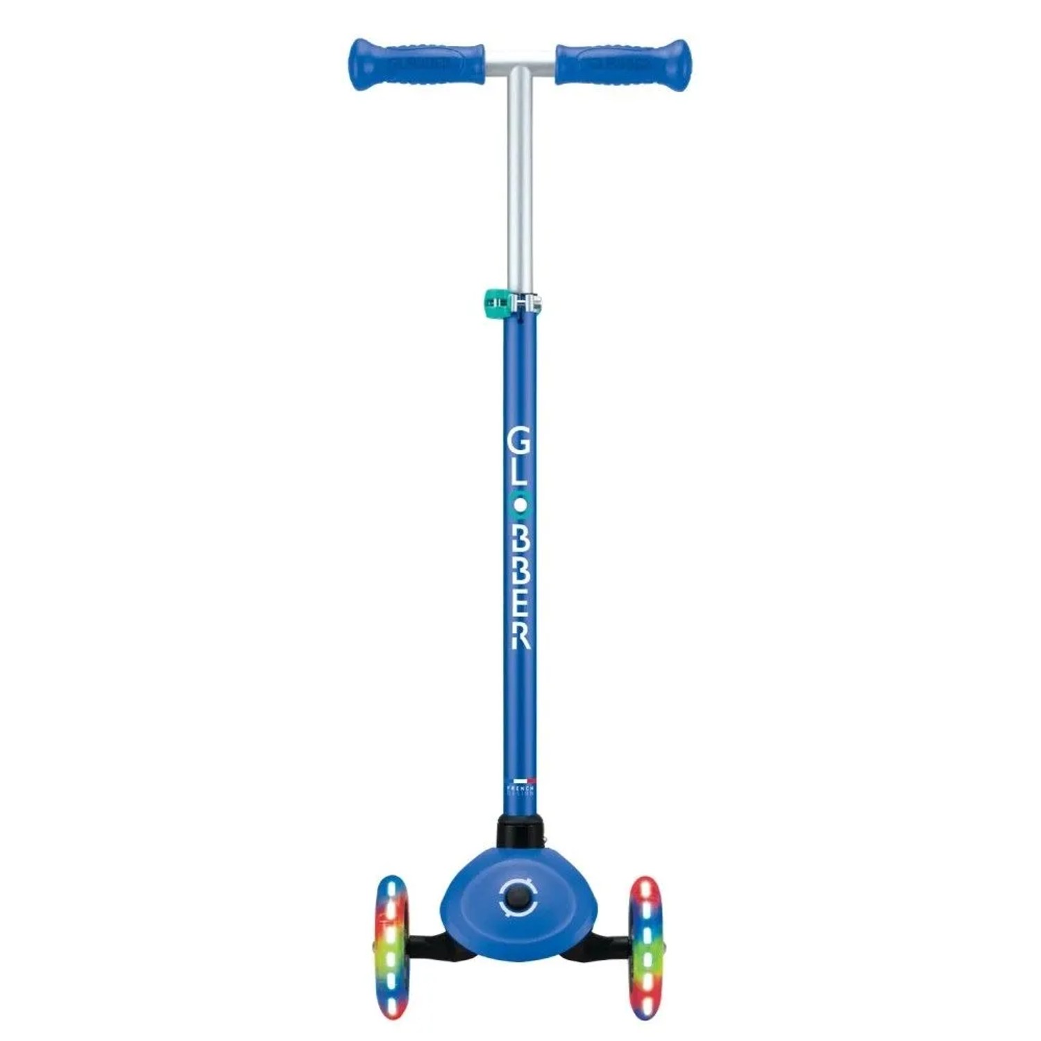 Blauer Globber Primo Plus Lights Kinder Tretroller mit 3 Rädern, höhenverstellbar und LED-Leuchtrollen.