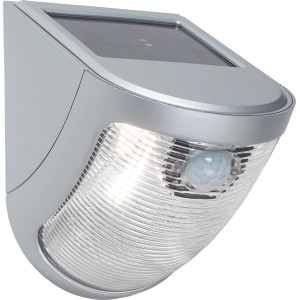 Silberne LED-Solar Wandleuchte mit Bewegungssensor aus Kunststoff.