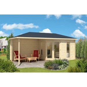 Alpholz 5-Eck Gartenhaus Liwa mit Walmdach, unbehandelt, 575x274 cm. Holz-Gartenhaus mit Terrasse.