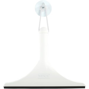 Wenko Badezimmerwischer Filo, weiß mit schwarzer Gummilippe und Aufhängeschnur.