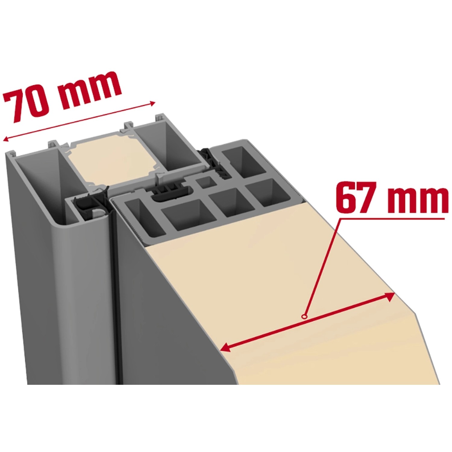 Detailansicht Sicherheits-Haustür ThermoSpace Oslo Prime: Schnittbild mit Bautiefen 70 mm (Zarge) und 67 mm (Türblatt).