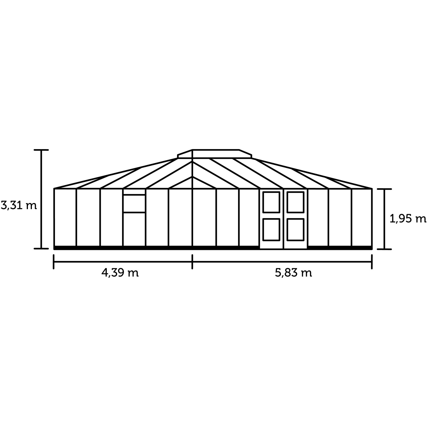Skizze des Juliana Gewächshauses Grand Oase 25 in Schwarz-Anthrazit mit Maßangaben.