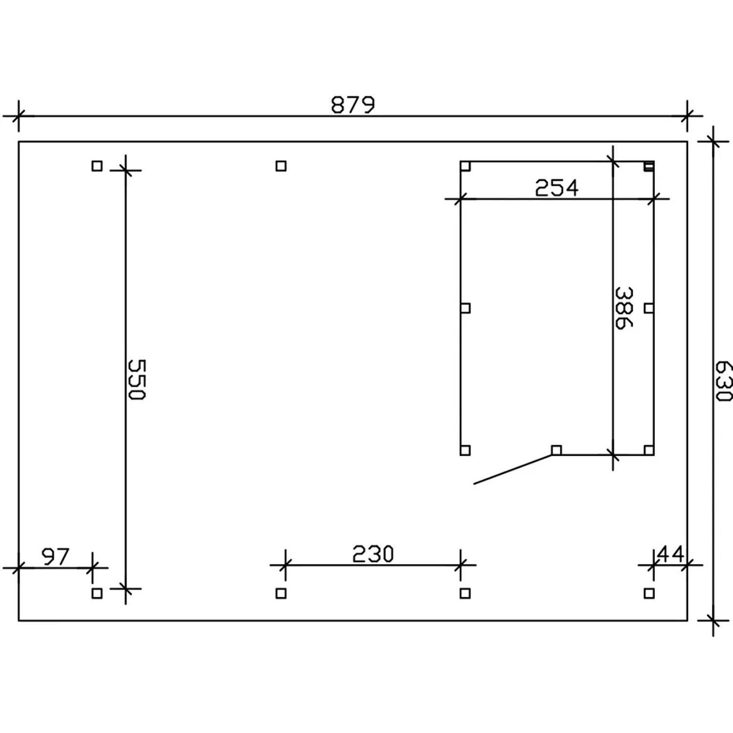 Skizze des Skan Holz Doppelcarport Wendland mit Anbau, Maße: 630x879 cm.