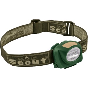 Grüne Scout LED-Stirnlampe für Kinder mit elastischem Stirnband.
