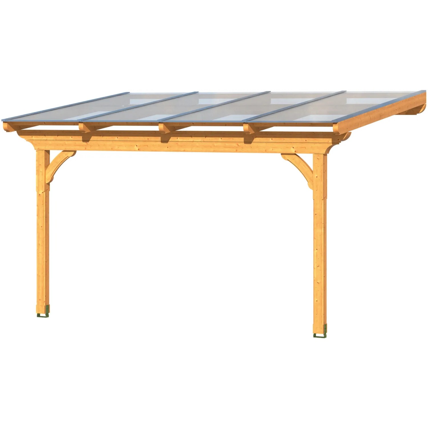 Skan Holz Terrassenüberdachung Ravenna aus Douglasie Nussbaum mit klarem Polycarbonat-Dach.