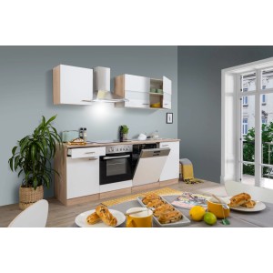 Respekta Küchenzeile KB220ESWC in Weiß-Eiche Optik mit E-Geräten und Spüle.