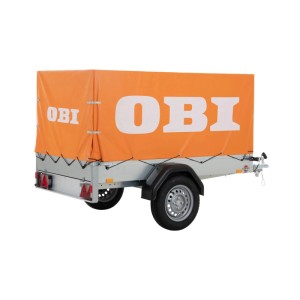 Stema Anhänger AN 750-13 mit OBI Hochplane (80 cm), Heckansicht.