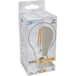 E27 LED Leuchtmittel in Glühlampenform, 7,3W, warmweißes Licht im Karton.