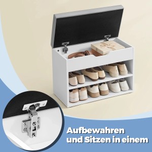 Weiße Songmics Schuhbank Custos mit Kissen, 3 Ebenen und geöffnetem Stauraum mit Schuhen.