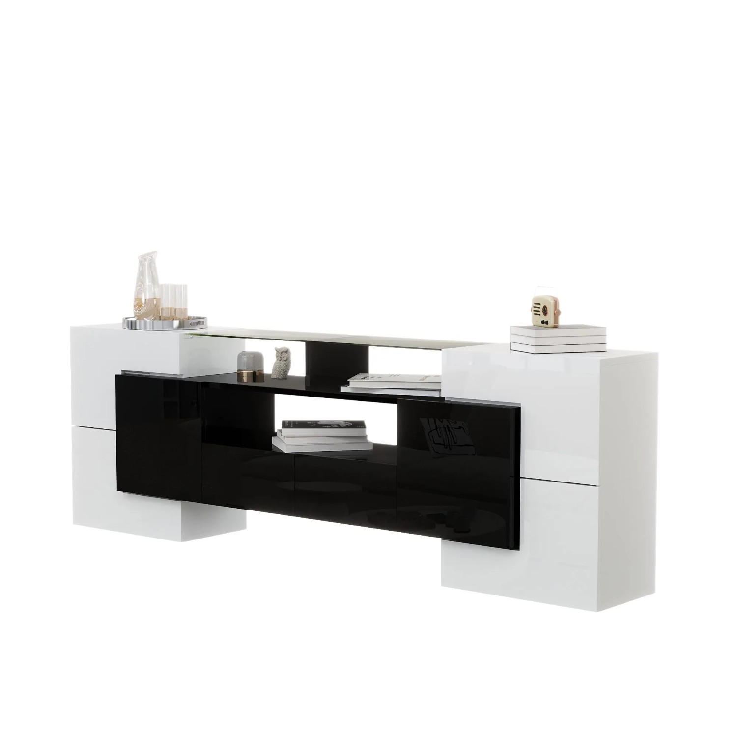 okwish TV Schrank mit LED Stauraum Glasoberfläche 200x35x60cm Hochglanz Weiß Schwarz_9