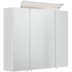 Posseik Spiegelschrank, weiß, 75 cm breit, mit drei Türen und Aufsatzleuchte.