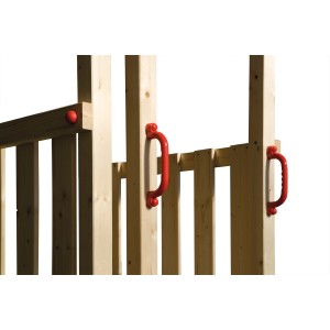 Detailansicht der WEKA Aussichtsplattform Cave mit roten Haltegriffen, Zubehör für Spieltürme.