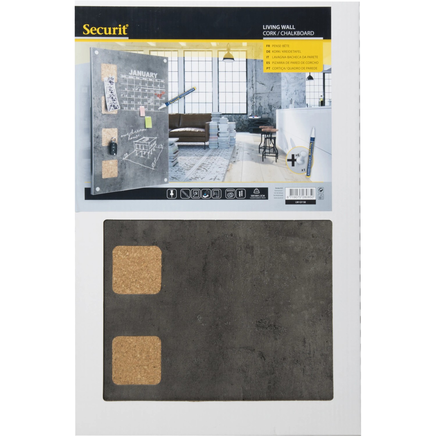 Securit Wandkreidetafel in Betonoptik mit KorkEinsätzen 58 cm x 38 cm