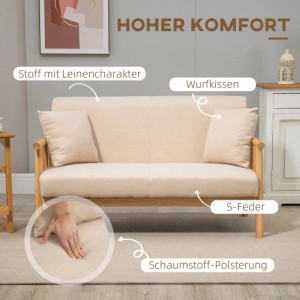 HOMCOM 2 Sitzer Sofa beige mit Holzrahmen, Leinenoptik & 2 Lendenkissen. Zeigt Schaumstoffpolsterung & S-Federn.