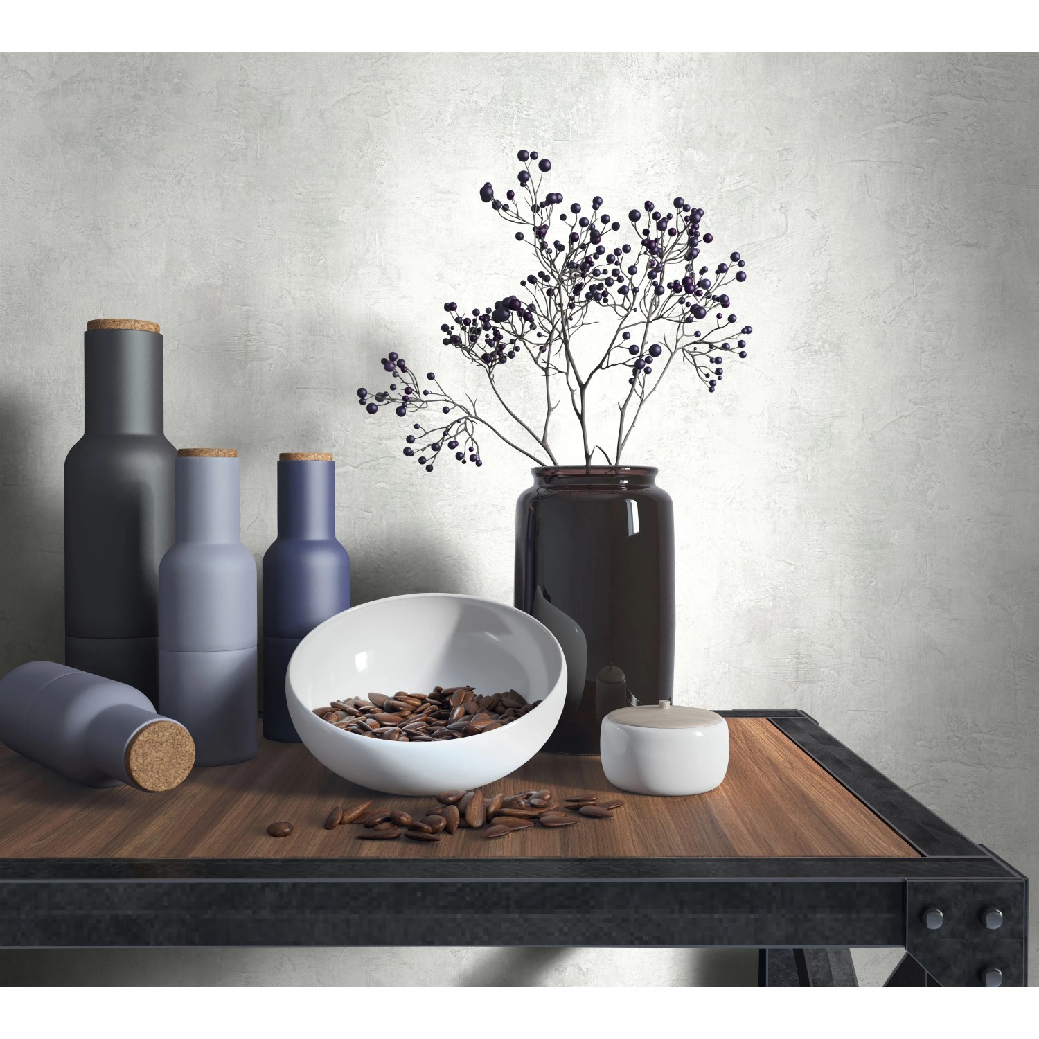 Marburg Vliestapete Struktur Modern Greige an Wand, mit Deko-Elementen auf Tisch