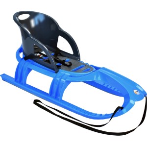 KHW Schlitten Snow Tiger Comfort iceblue mit Kindersitz, blauer Kunststoffschlitten mit schwarzem Sitz.