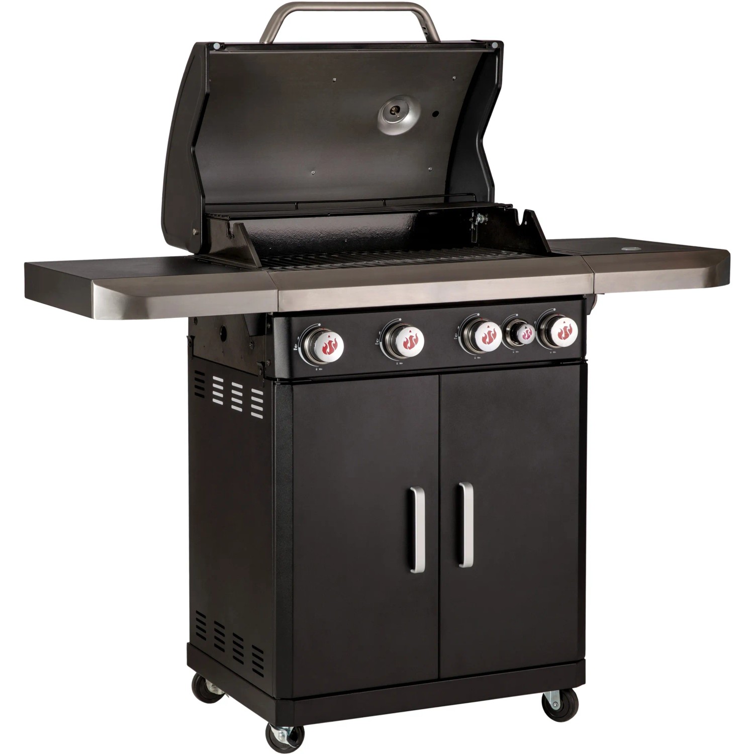 Landmann Gasgrill Rexon PTS 4.1 mit 4 Brennern und Seitenbrenner, schwarzer Grillwagen mit Ablageflächen.