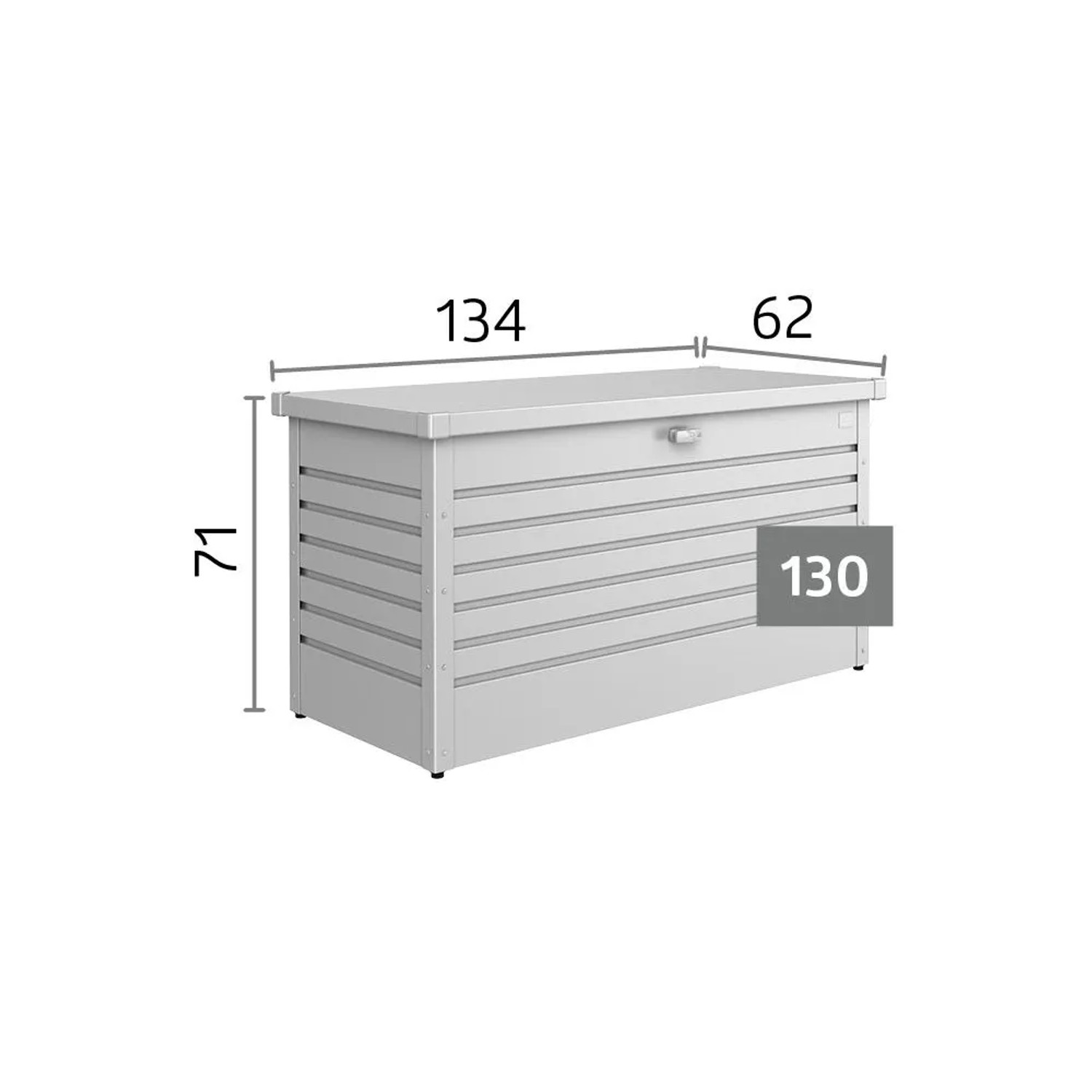 Biohort FreizeitBox 130 Quarzgrau-Metallic. Robuste Metall-Universalbox mit Drehgriff-Zylinderschloss, Gasdruckfeder. Maße 134x62x71 cm.