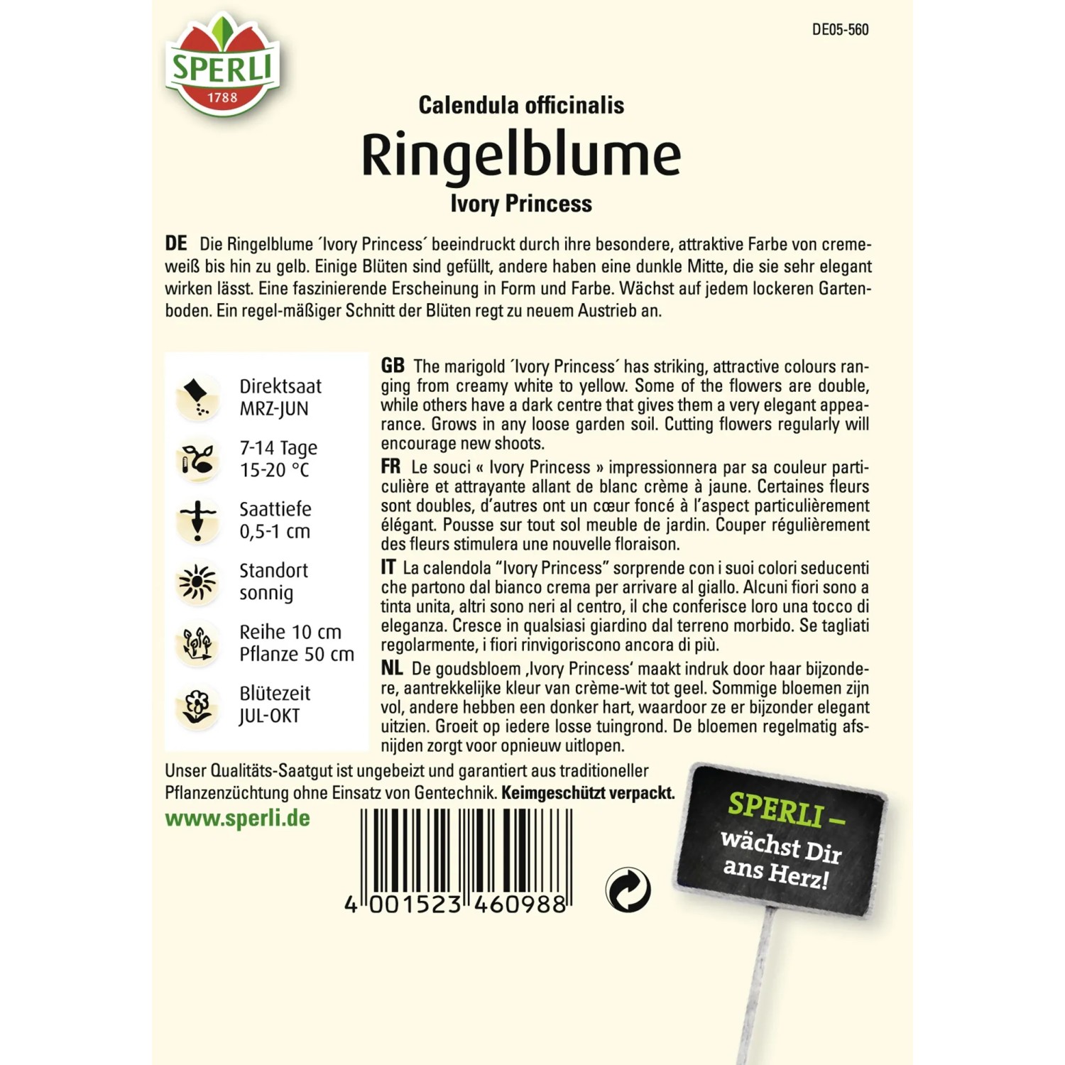 Samenpackung Ringelblume Ivory Princess Gelb Calendula von Sperli. Blüte in Gelb und Weiß.