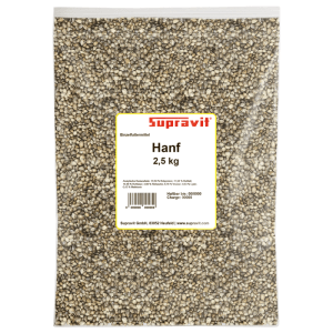 Supravit Hanf Wildvogelfutter 2,5 kg in transparenter Tüte. Graugrüne Hanfsamen als Ganzjahresfutter.